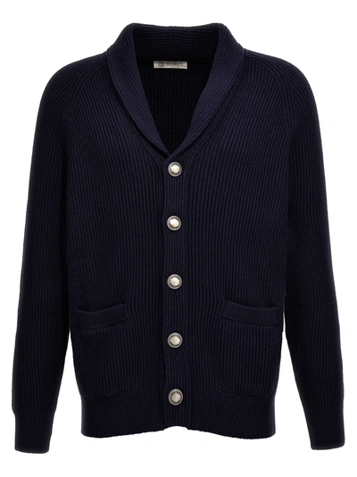 Shop Brunello Cucinelli Logo Buttons Cardigan Sweater, Cardigans In Blue