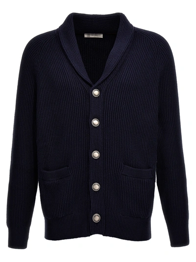 Brunello Cucinelli Shawl-collar Ribbed Cotton Cardigan In Blue