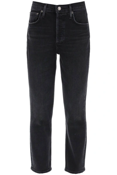 Shop Agolde Riley High Waisted Cropped Jeans In Black