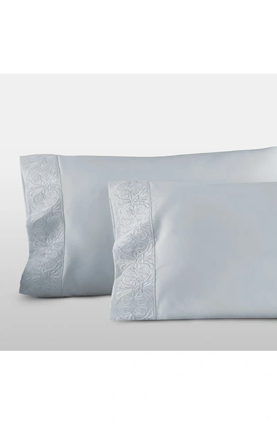Shop Pure Parima 500 Thread Count 100% Certified Egyptian Cotton Sateen Embroidered Ariane Pillowcase Set In Icy Blue