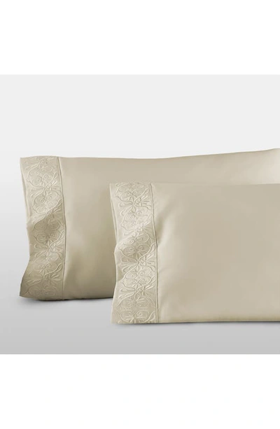 Shop Pure Parima 500 Thread Count 100% Certified Egyptian Cotton Sateen Embroidered Ariane Pillowcase Set In Tan