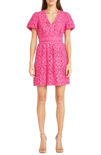 Shop Donna Morgan For Maggy Short Sleeve Lace Dress In Electric Pink