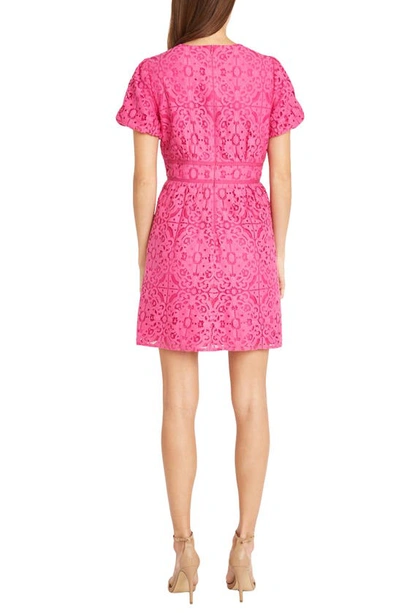 Shop Donna Morgan For Maggy Short Sleeve Lace Dress In Electric Pink