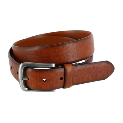 Shop Trafalgar Caelen Plaid Embossed Leather Belt In Brown