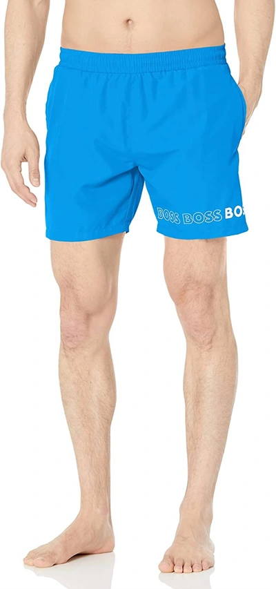 Shop Hugo Boss Men's Standard Vertical Logo Swim Trunk In Blue