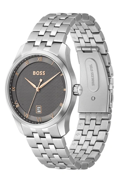 Hugo Boss Men Principle Quartz Basic Calendar Silver-tone Stainless Steel Watch 41mm In Silver