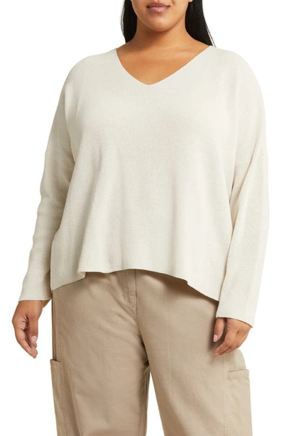Shop Eileen Fisher Organic Cotton V-neck Sweater In Bone