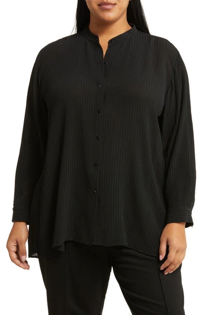 Shop Eileen Fisher Mandarin Collar Silk Button-up Shirt In Black