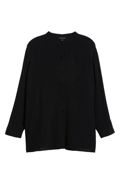 Shop Eileen Fisher Mandarin Collar Silk Button-up Shirt In Black