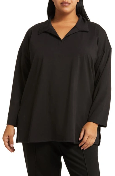 Shop Eileen Fisher Boxy Split Neck Tunic Top In Black
