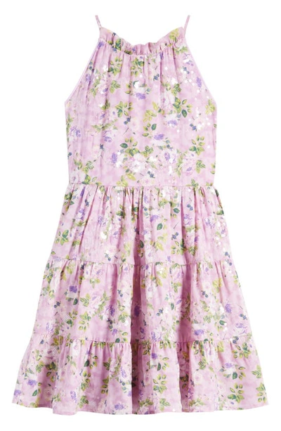 Shop Ava & Yelly Kids' Floral Sequin Tiered Dress In Lilac