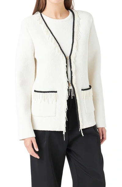 Endless Rose Imitation Pearl Trim Cardigan In Cream