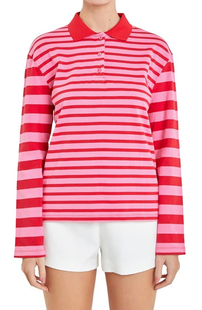 Shop English Factory Stripe Long Sleeve Polo In Pink/ Red