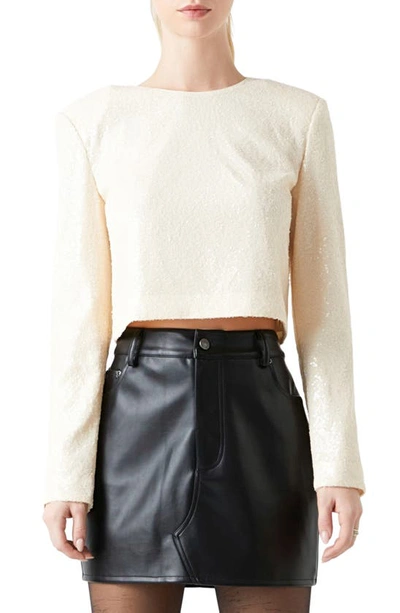 Grey Lab Power Shoulder Sequin Crop Top In Cream