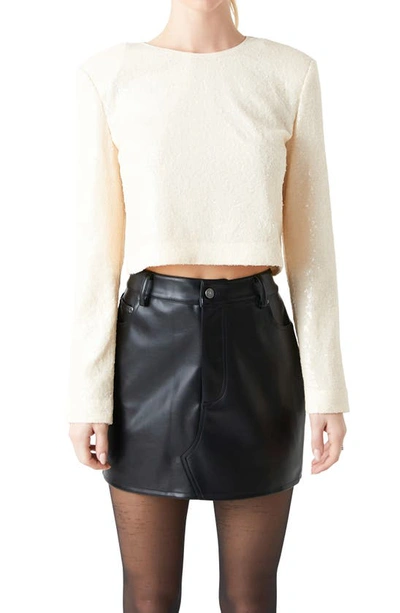Grey Lab Power Shoulder Sequin Crop Top In Cream