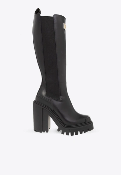 Shop Dolce & Gabbana 120 Logo-plaque Knee-high Boots In Black
