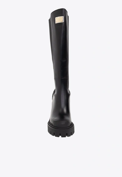Shop Dolce & Gabbana 120 Logo-plaque Knee-high Boots In Black