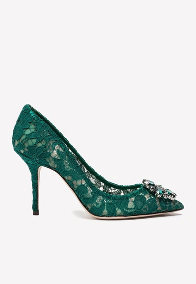 Shop Dolce & Gabbana Bellucci 90 Crystal-embellished Lace Pumps In Green