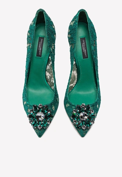 Shop Dolce & Gabbana Bellucci 90 Crystal-embellished Lace Pumps In Green