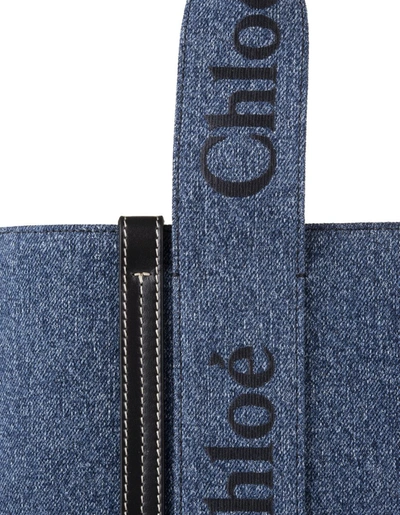 Shop Chloé Denim Woody Large Shopping Bag With Shoulder Strap In Blue