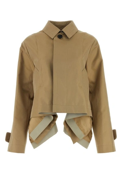 Shop Sacai Woman Beige Cotton Blend Trench Coat In Brown