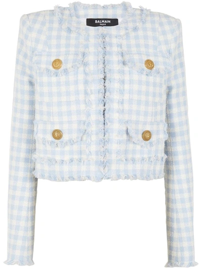 Shop Balmain Vichy Tweed Jacket In Celeste E Bianco