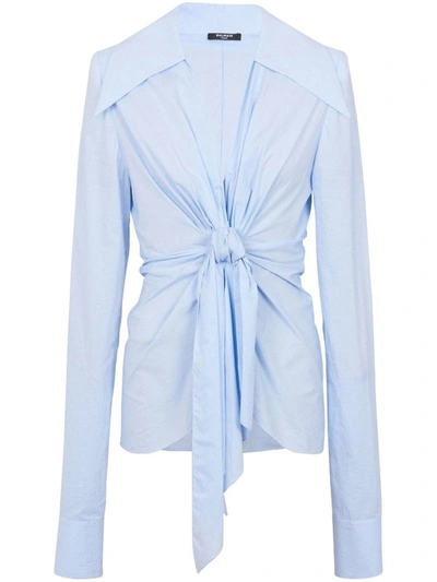 Shop Balmain Gingham Knotted Shirt In Blue