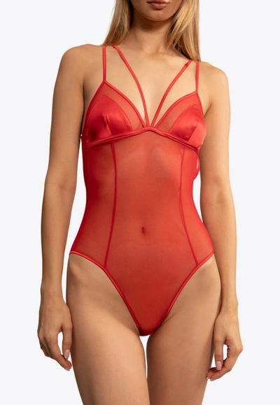 Shop Dolce & Gabbana Criss-cross Strap Sheer Bodysuit In Red