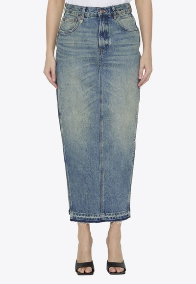Shop R13 Devon Side-slit Denim Midi Skirt In Blue