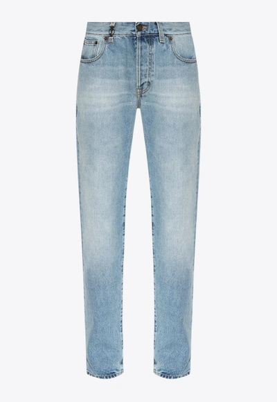 Shop Saint Laurent Distressed Tapered Jeans In Blue
