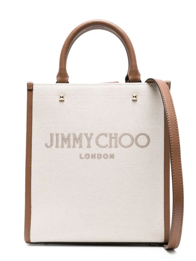 Shop Jimmy Choo Avenue Tote N/s Canvas And Leather Tote Bag In Beige