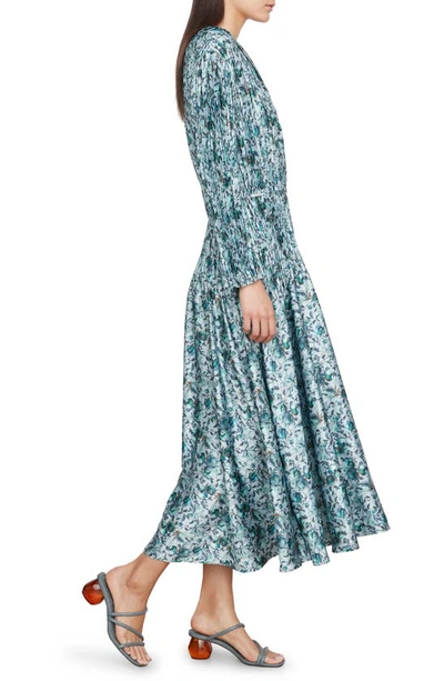 Shop Vince Berry Blooms Pleated Long Sleeve Shirtdress In Ocean