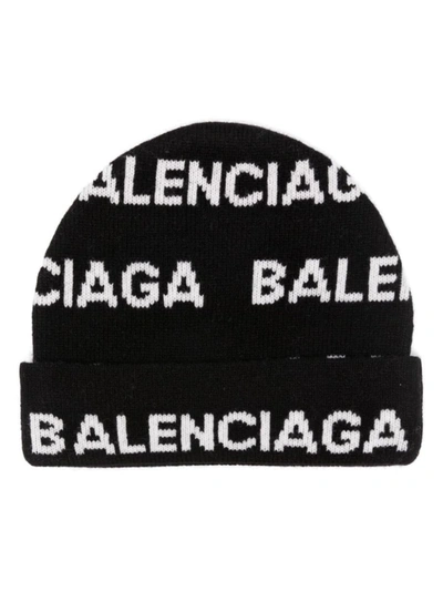 Shop Balenciaga Bal Horizontal Allover Wool Beanie In Black