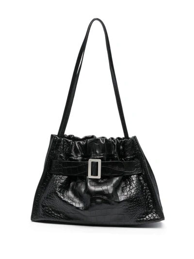Shop Boyy Scrunchy Satchel Soft Croco Embossed Leather Shoulder Bag In Black