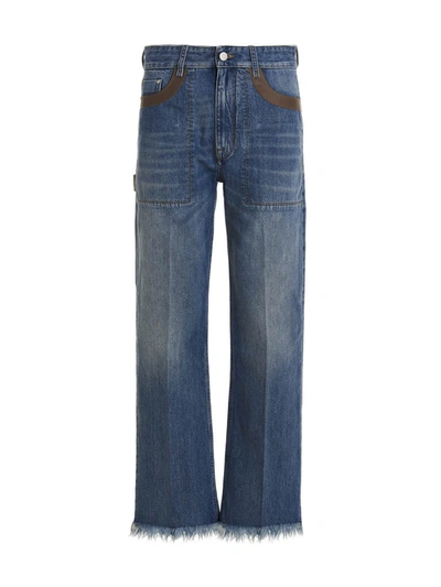 Shop Fendi Leather Detail Jeans In Blue
