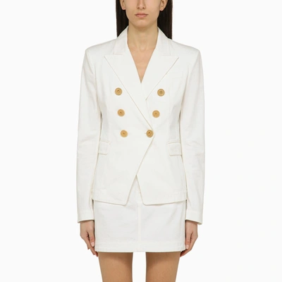 Shop Balmain White Double-breasted Cotton Jacket