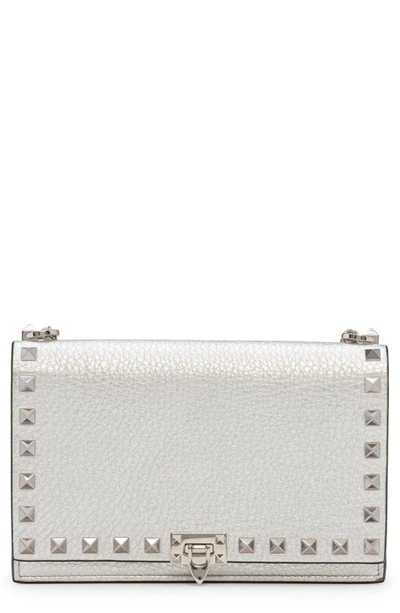Shop Valentino Rockstud Leather Pouch Wallet On A Chain In S13 Silver
