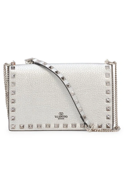 Shop Valentino Rockstud Leather Pouch Wallet On A Chain In S13 Silver