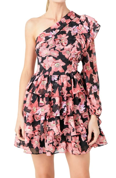 Shop Endless Rose Floral One-shoulder Single Long Sleeve Chiffon Minidress In Black/ Pink