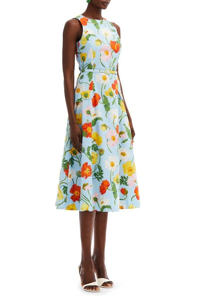 Shop Oscar De La Renta Poppy Print Sleeveless Belted Dress In Light Blue Multi