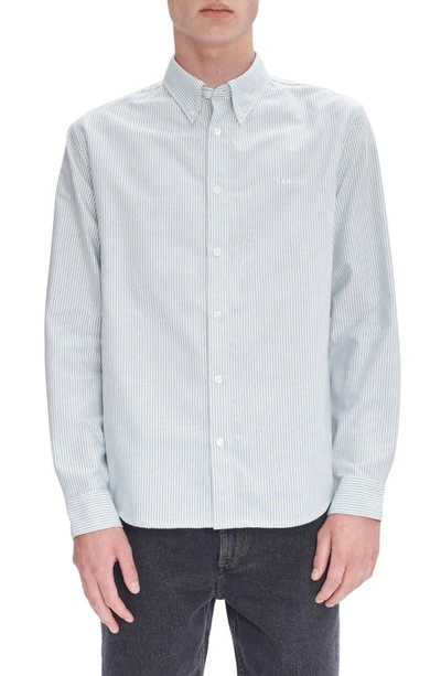 Shop Apc Chemise Greg Stripe Organic Cotton Button-down Shirt In Green