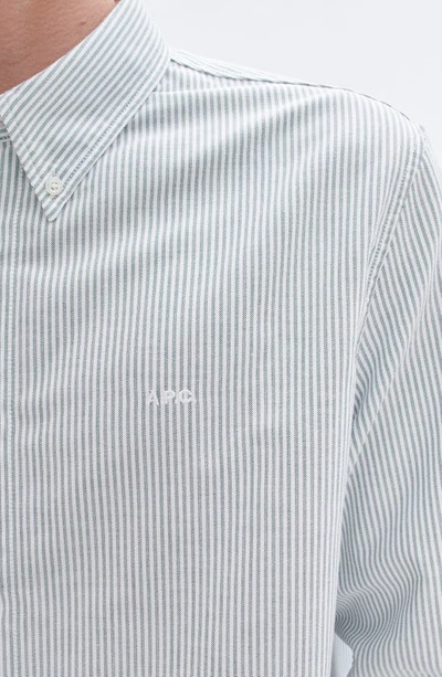 Shop Apc Chemise Greg Stripe Organic Cotton Button-down Shirt In Green