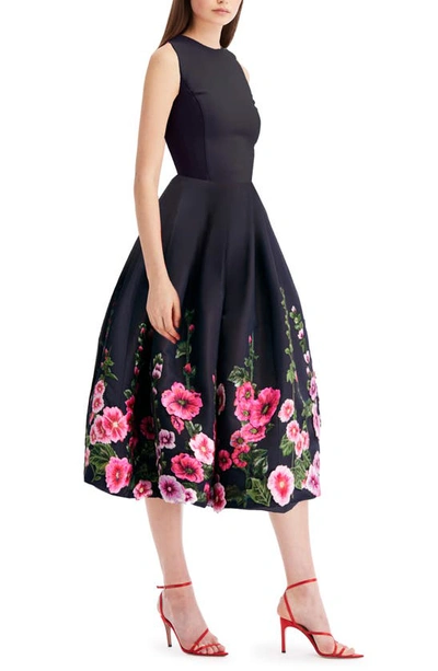 Shop Oscar De La Renta Hollyhocks Border Print Sleeveless Fit & Flare Dress In Navy Multi