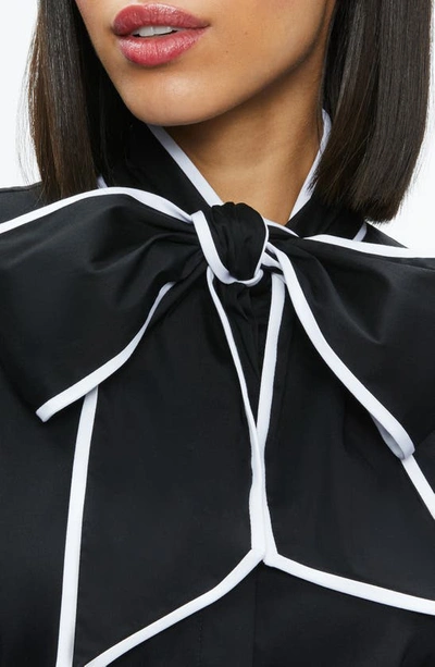 Shop Alice And Olivia Lou Blouson Sleeve Bow Shirt In Black/ Off White