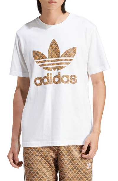 Shop Adidas Originals Mono Trefoil Logo Graphic T-shirt In White/ Earth Strata