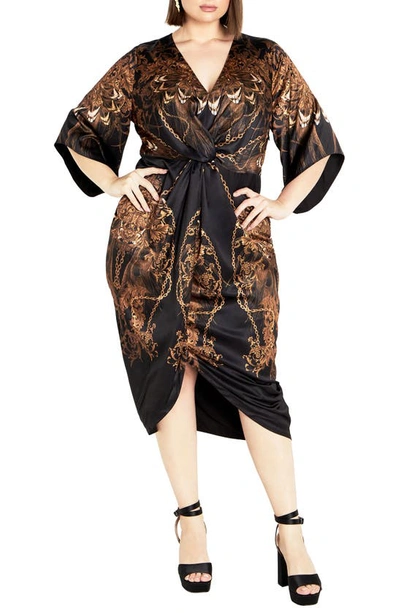 Shop City Chic Priscilla Print Twist Front Midi Dress In Black/ Gold Lavish