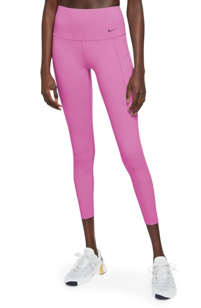 Shop Nike Universa Medium Support High Waist 7/8 Leggings In Playful Pink/ Black