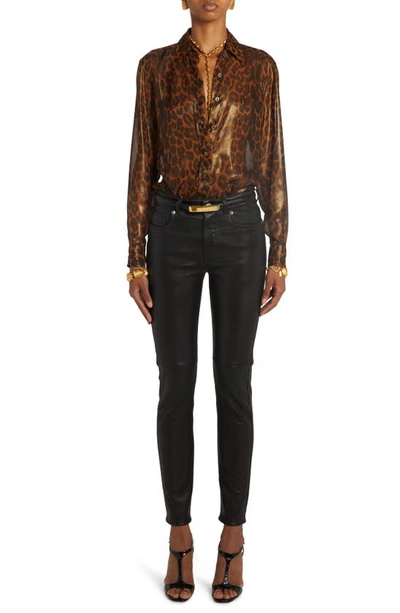 Tom Ford Laminated Leopard Print Button-front Blouse In Camel