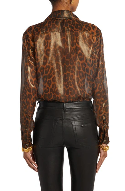 Shop Tom Ford Laminated Leopard Metallic Silk Button-up Shirt In Camel