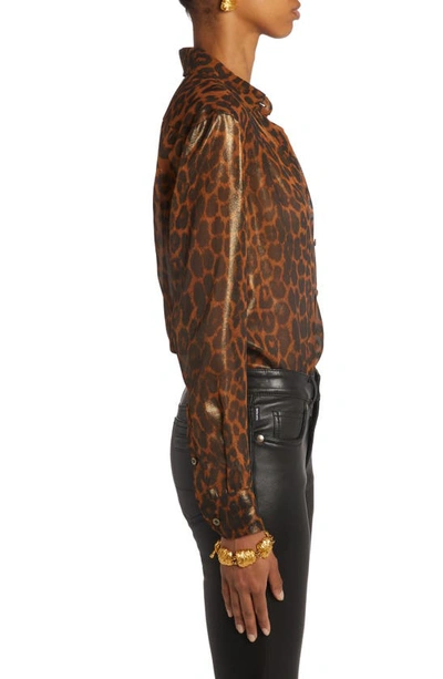 Shop Tom Ford Laminated Leopard Metallic Silk Button-up Shirt In Camel